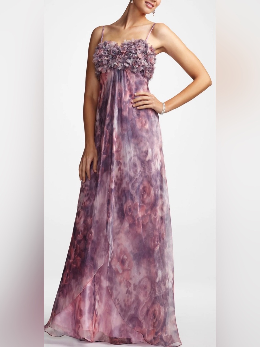 Dave & Johnny Mauve-Pink Floral rhinestone Spaghetti strap Evening Gown 3/4